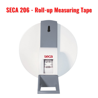  Wall-mounted roll-up measuring tape with easy-to-read display window and durable metal tape.